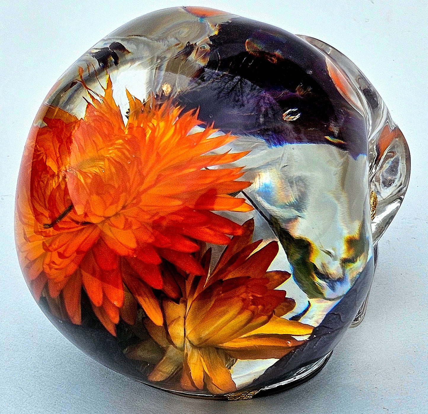 SOLD #0100 Handmade Resin Skull - Bright Orange flower in beautiful crystal clear pour