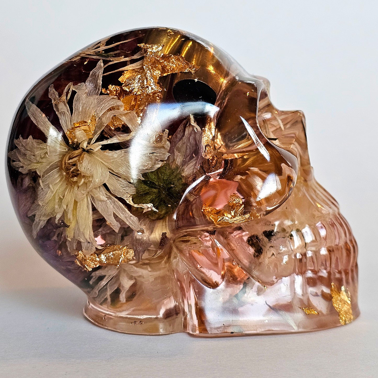 #0194 Handmade Resin Skull - Mixed wild flowers and brass