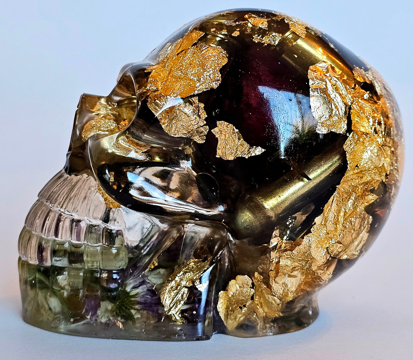 SOLD #0209 Handmade Resin Skull - Mixed wild flowers and brass