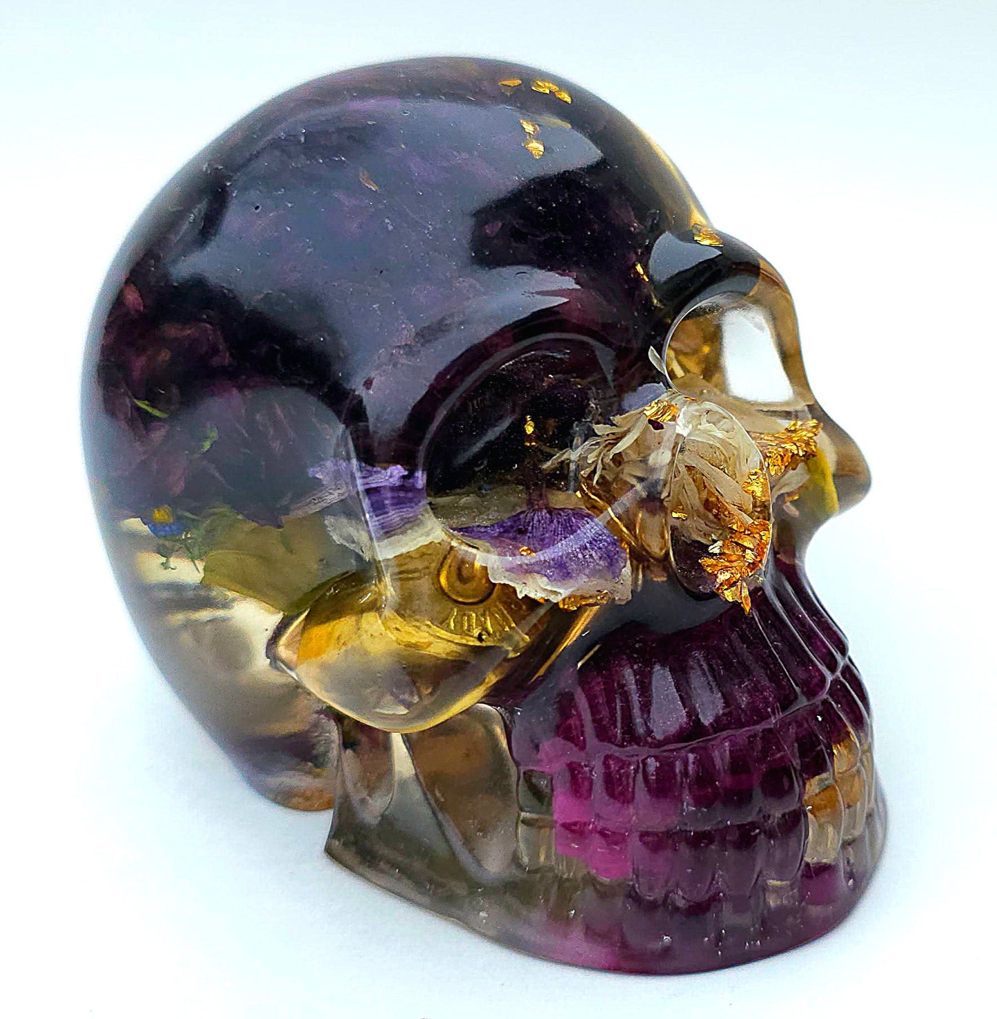 *SOLD*Handmade Resin Skull - with brass shells, white purple flowers, and signature large gold flake.