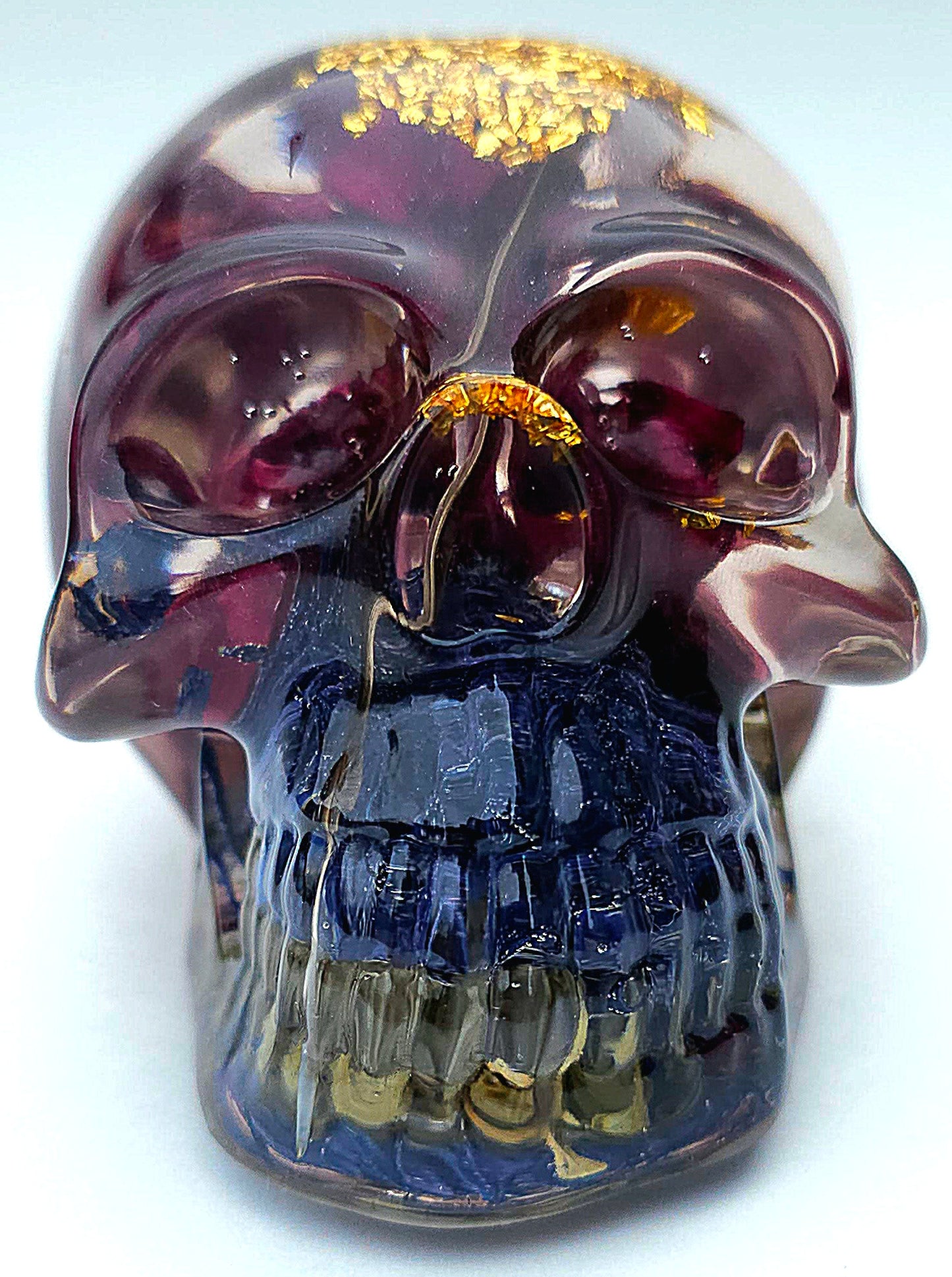 *SOLD*Handmade Resin Skull - Large wild Rose, with blue flower mixture. Also, a small feather.