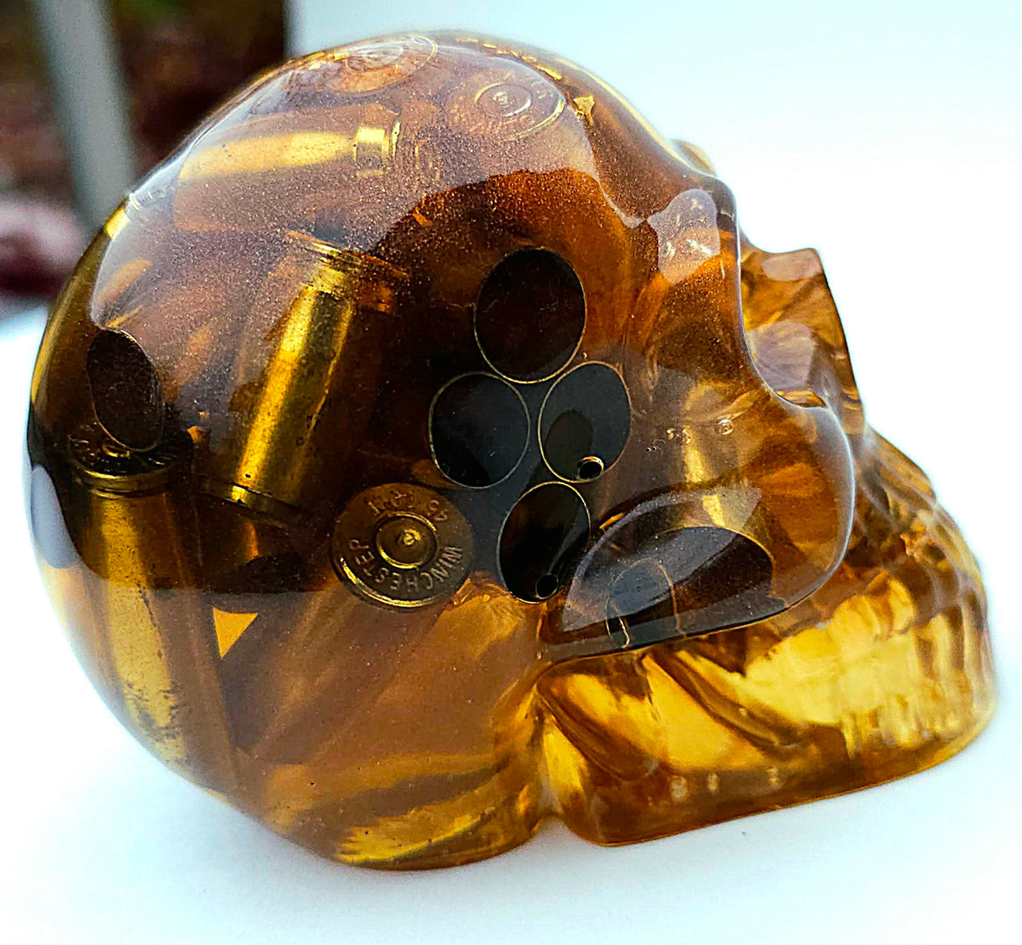 *SOLD*Handmade Resin Skull - with brass shells and gold flake.