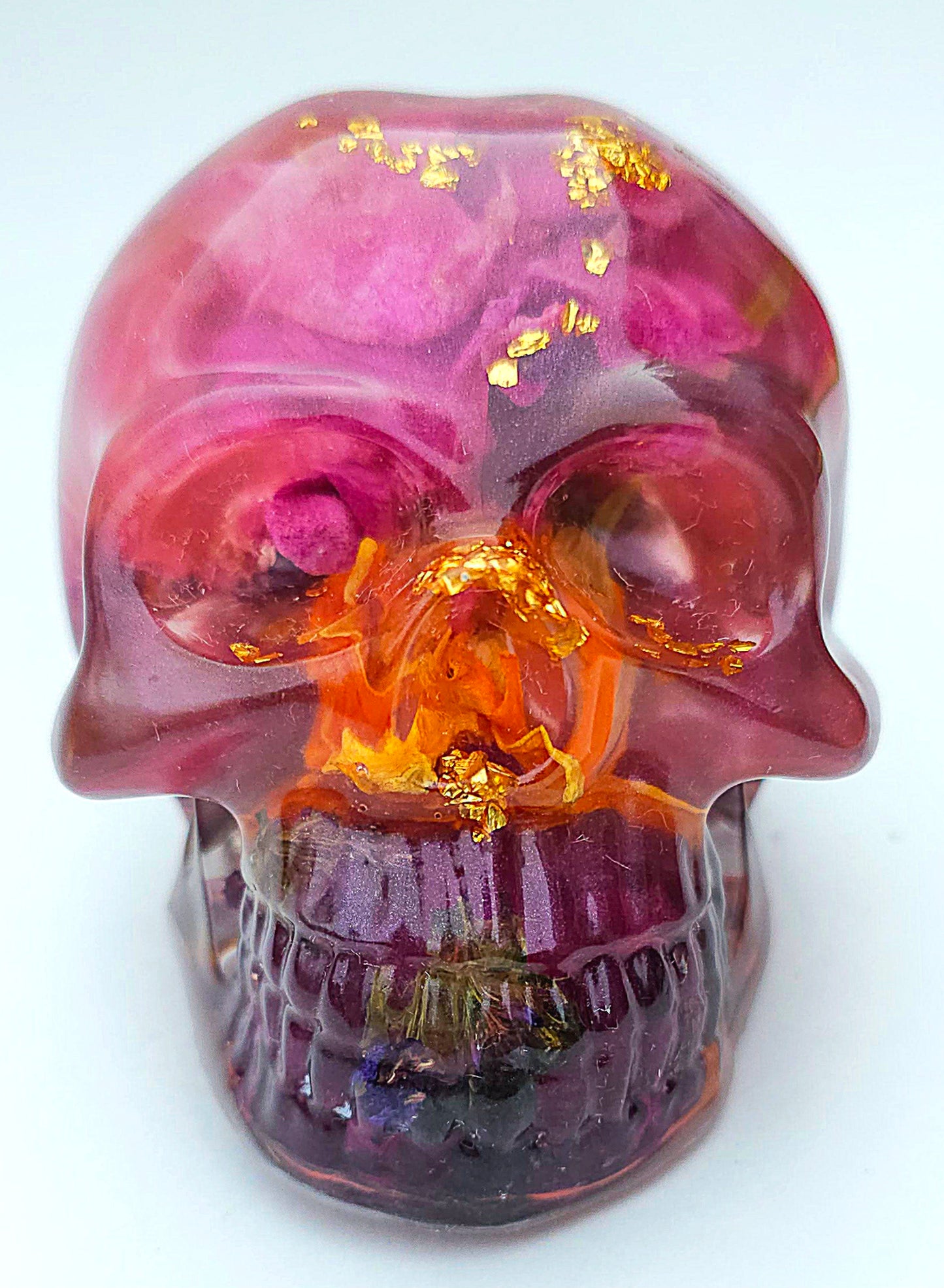 *SOLD*Handmade Resin Skull - Wild flowers in Amythest pigment with gold accents.