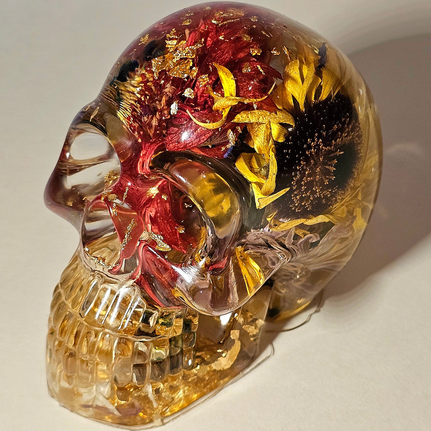 #0262 Handmade Resin Skull - Mixed flowers in clear resin, very nice piece. This one really pops!