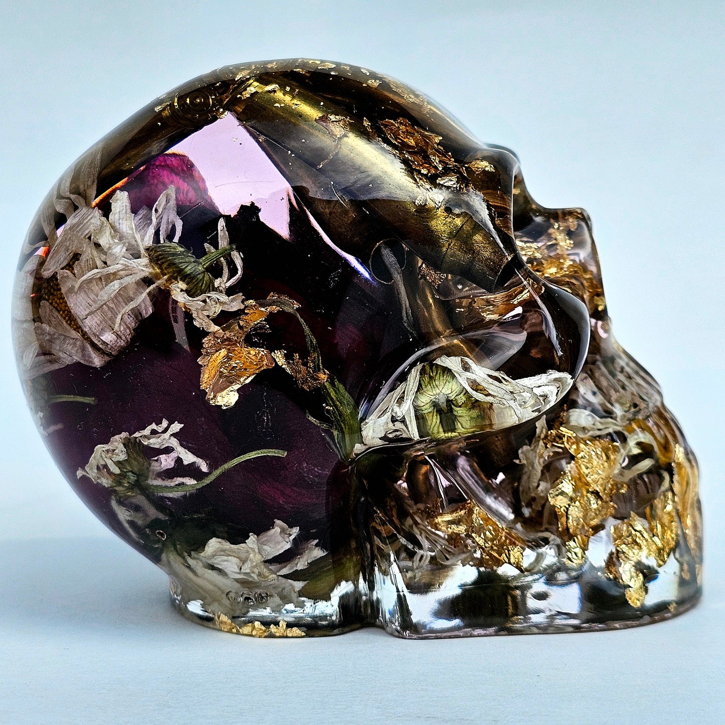 #0280 Handmade Resin Skull - Large Rose, Daisies, and mixed flowers with brass in clear resin and gold accents