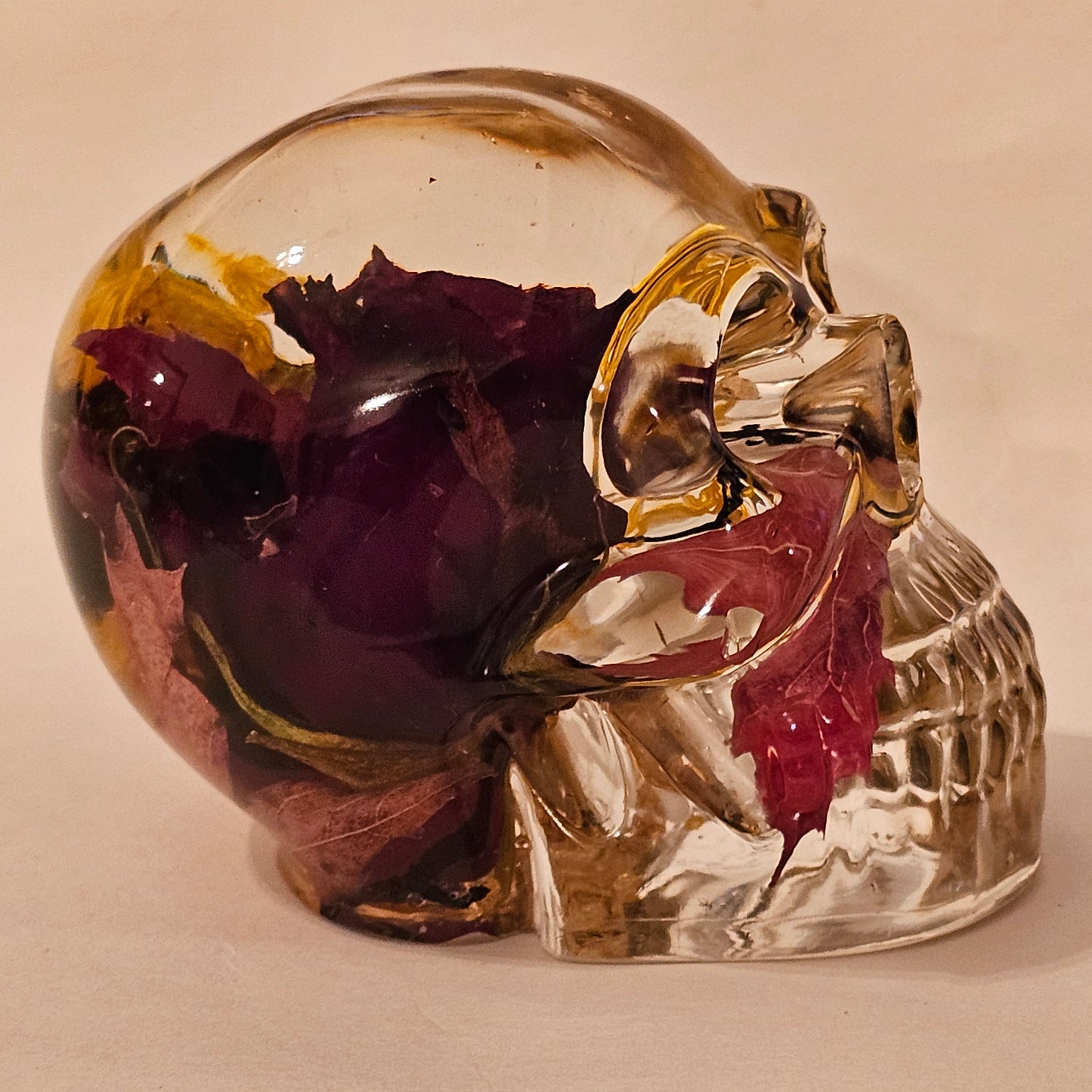 #0152 Handmade Resin Skull - Rose, with maple leaf sun flowers and gold