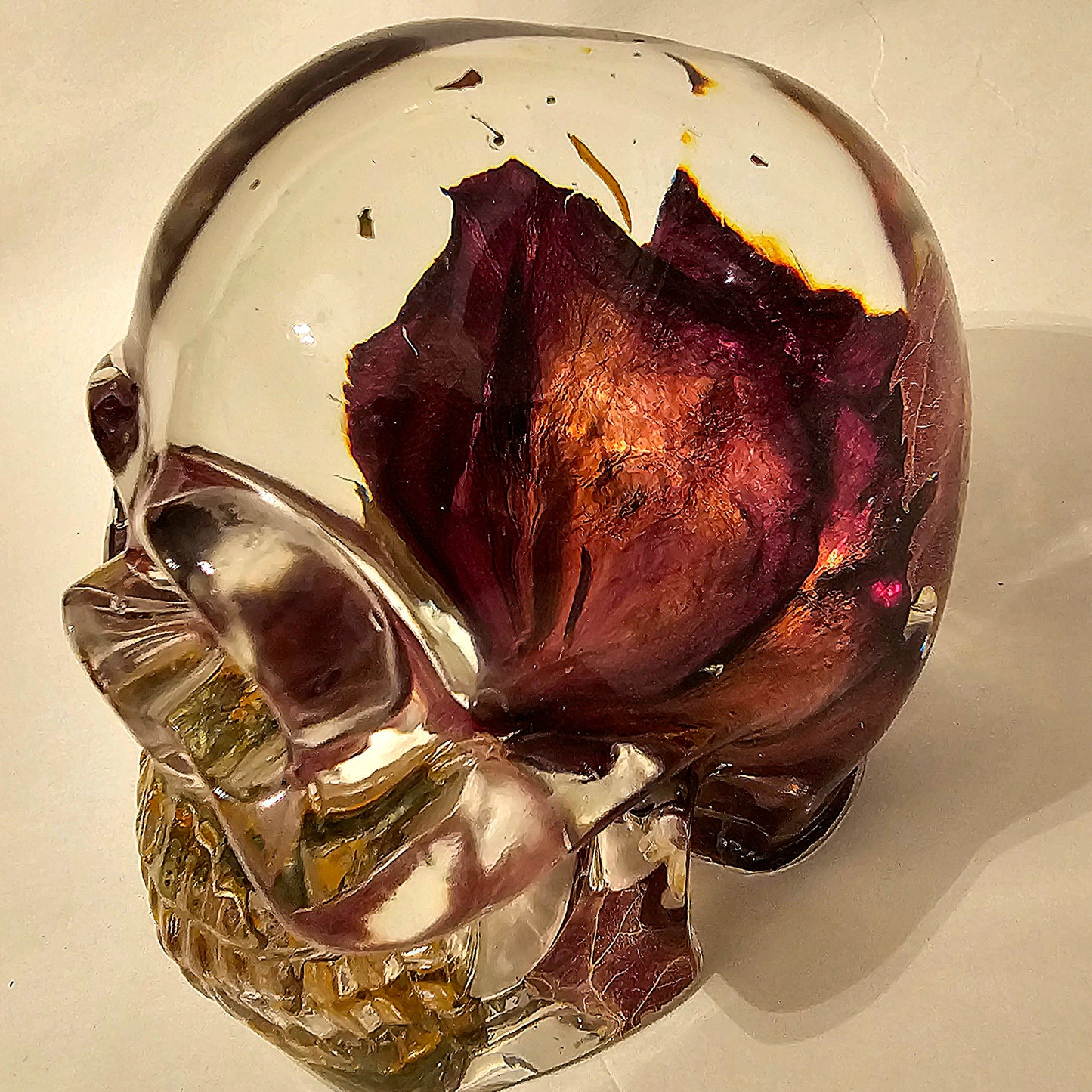#0156 Handmade Resin Skull - Maple leaves with sunflower. With gold
