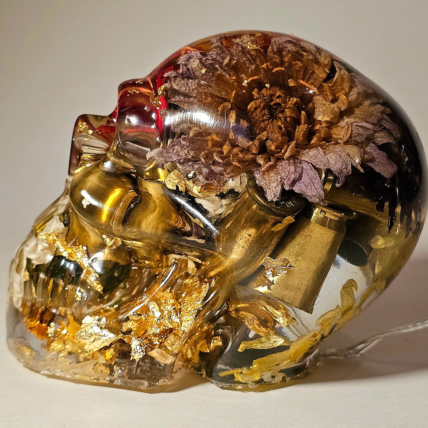#0270 Handmade Resin Skull - Mixed flowers in clear resin. HAS LIGHTS. Battery operated.