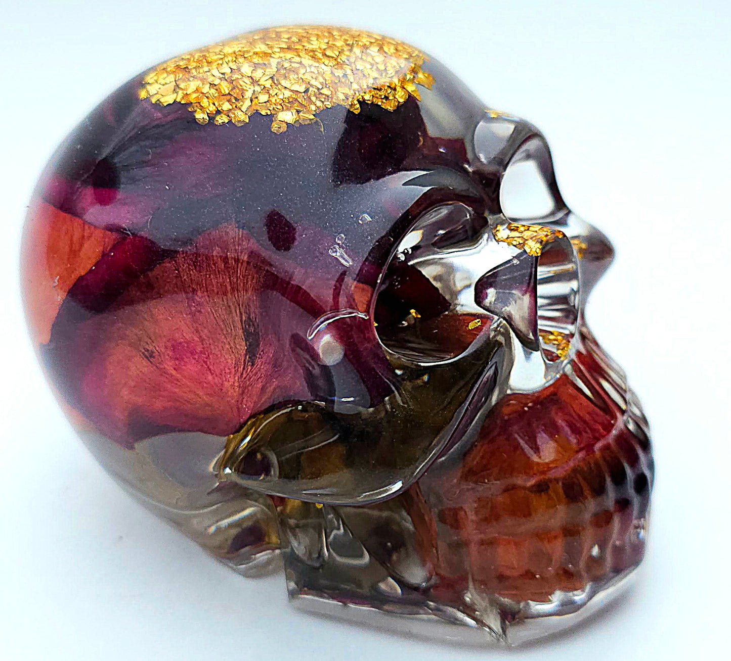 *SOLD*Handmade Resin Skull - Large Wild Rose flower, with gold accents.