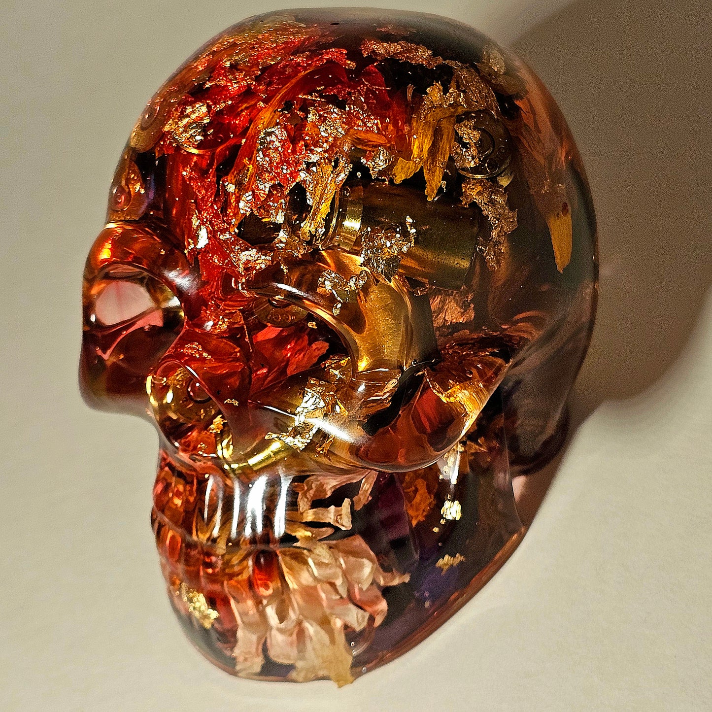 #0257 Handmade Resin Skull - Mixed wild flowers with brass with light red resin