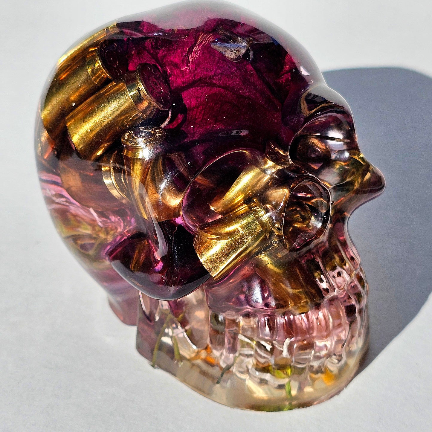 #0282 - Handmade Resin Skull - Mixed flowers, with large wild rose and brass accent