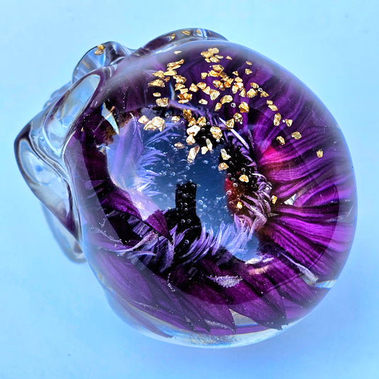 SOLD - Handmade Resin Skull - Large Wild Aster Flower, also has gold accents