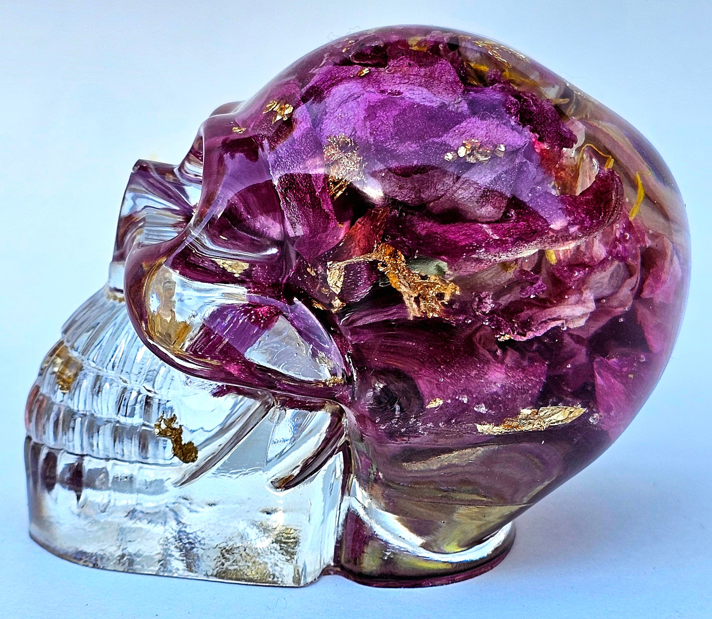 SOLD - Handmade Resin Skull - Large Wild Rose also has gold accents
