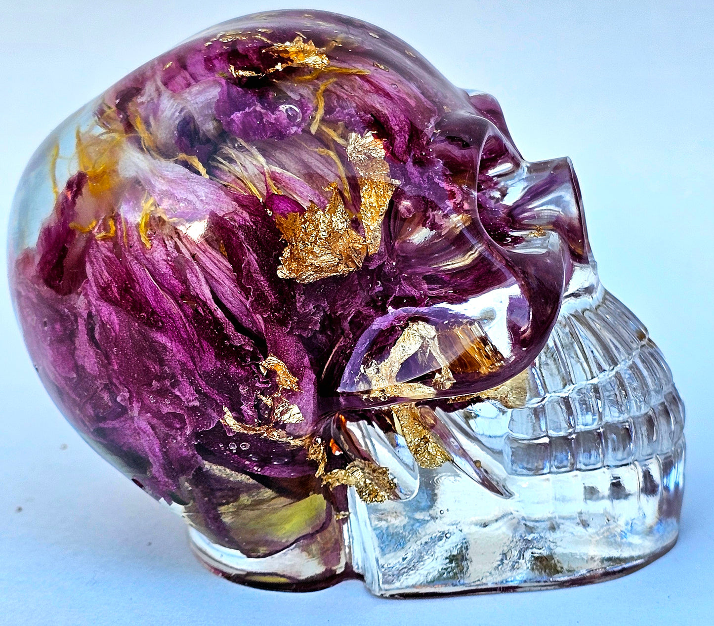 SOLD - Handmade Resin Skull - Large Wild Rose also has gold accents