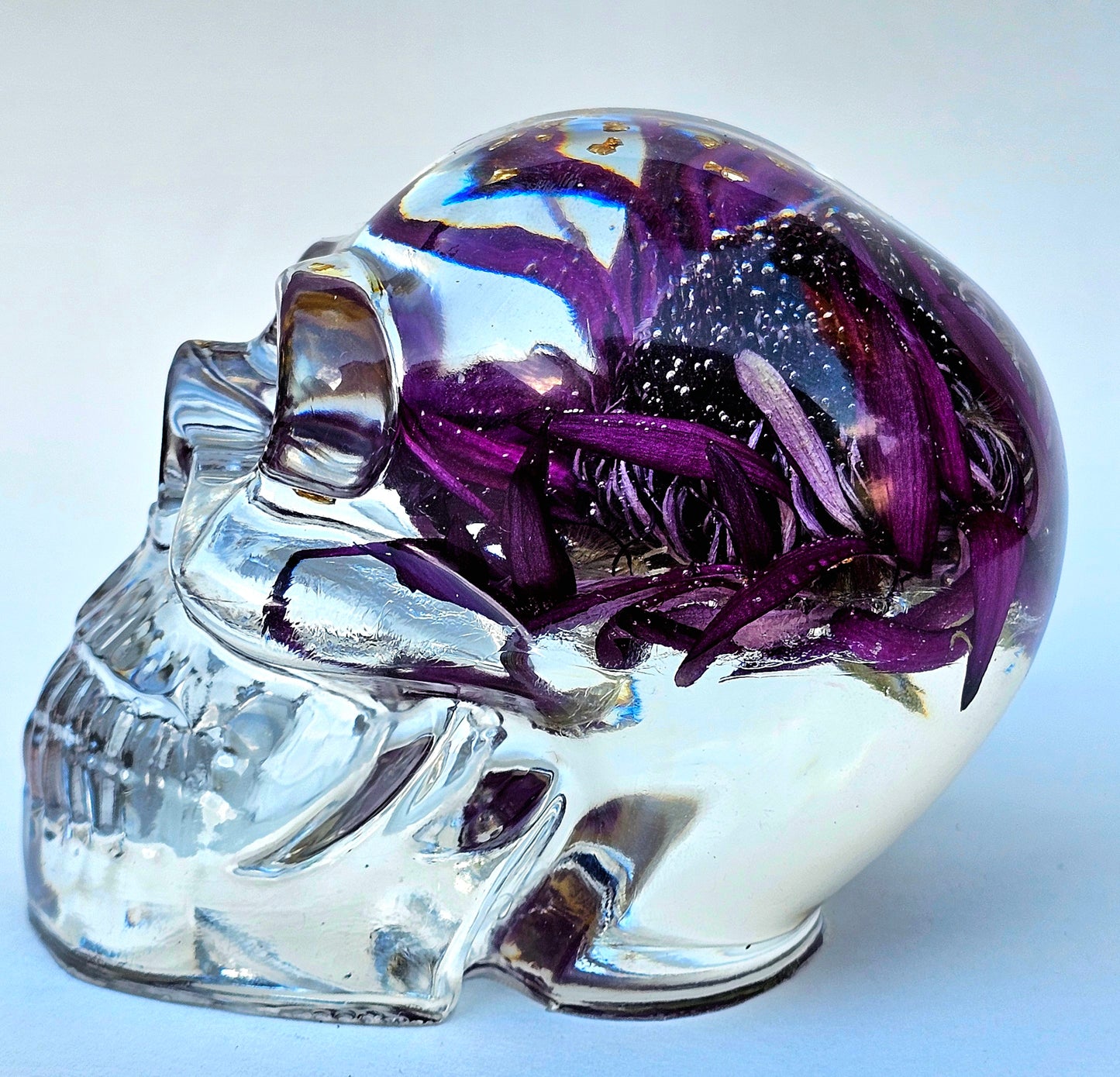 SOLD - Handmade Resin Skull - Large Wild Aster Flower, also has gold accents