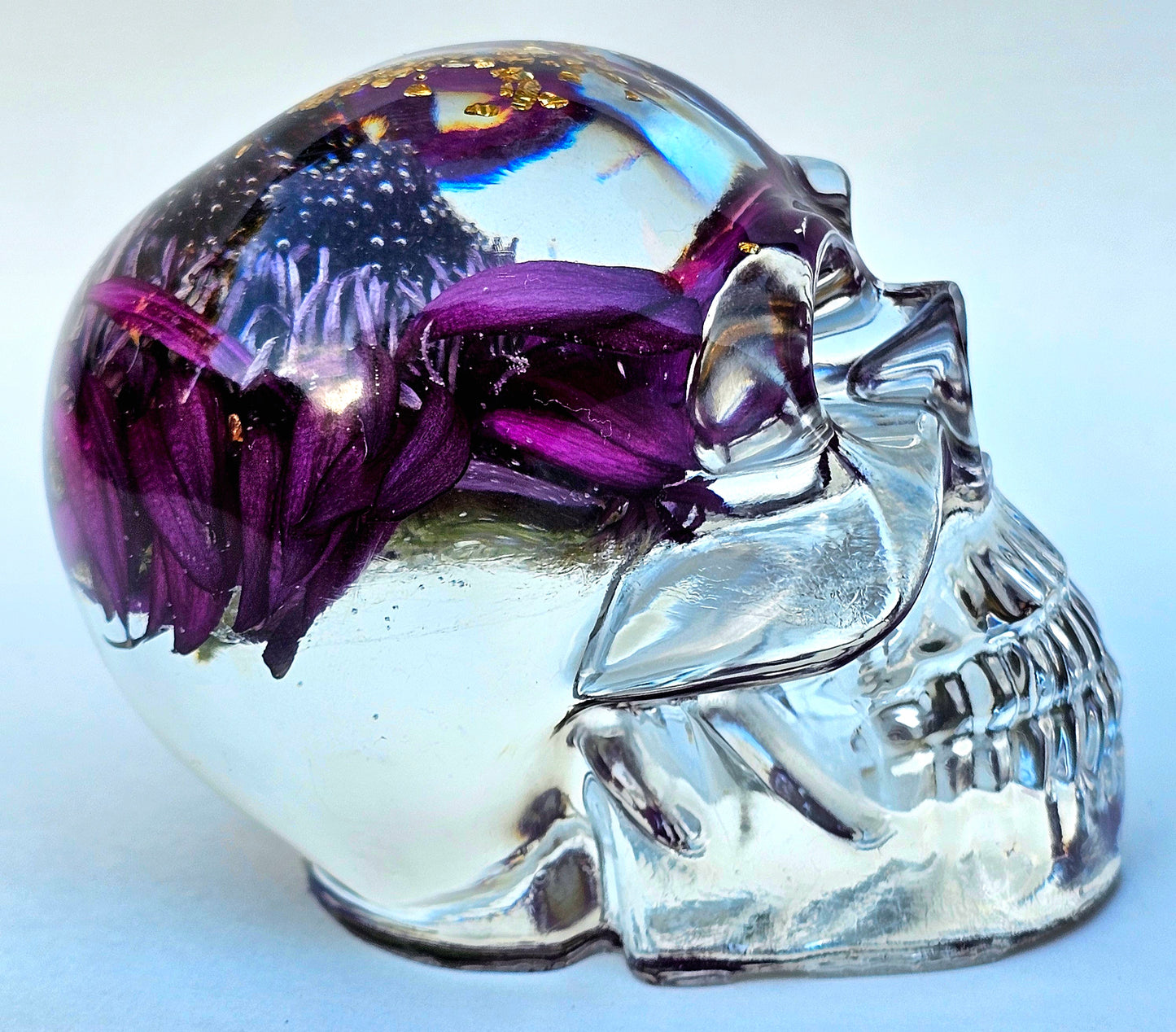 SOLD - Handmade Resin Skull - Large Wild Aster Flower, also has gold accents