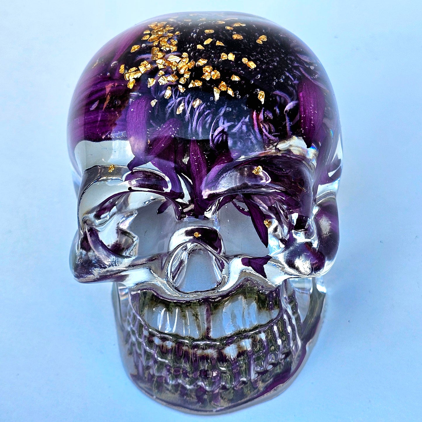 SOLD - Handmade Resin Skull - Large Wild Aster Flower, also has gold accents