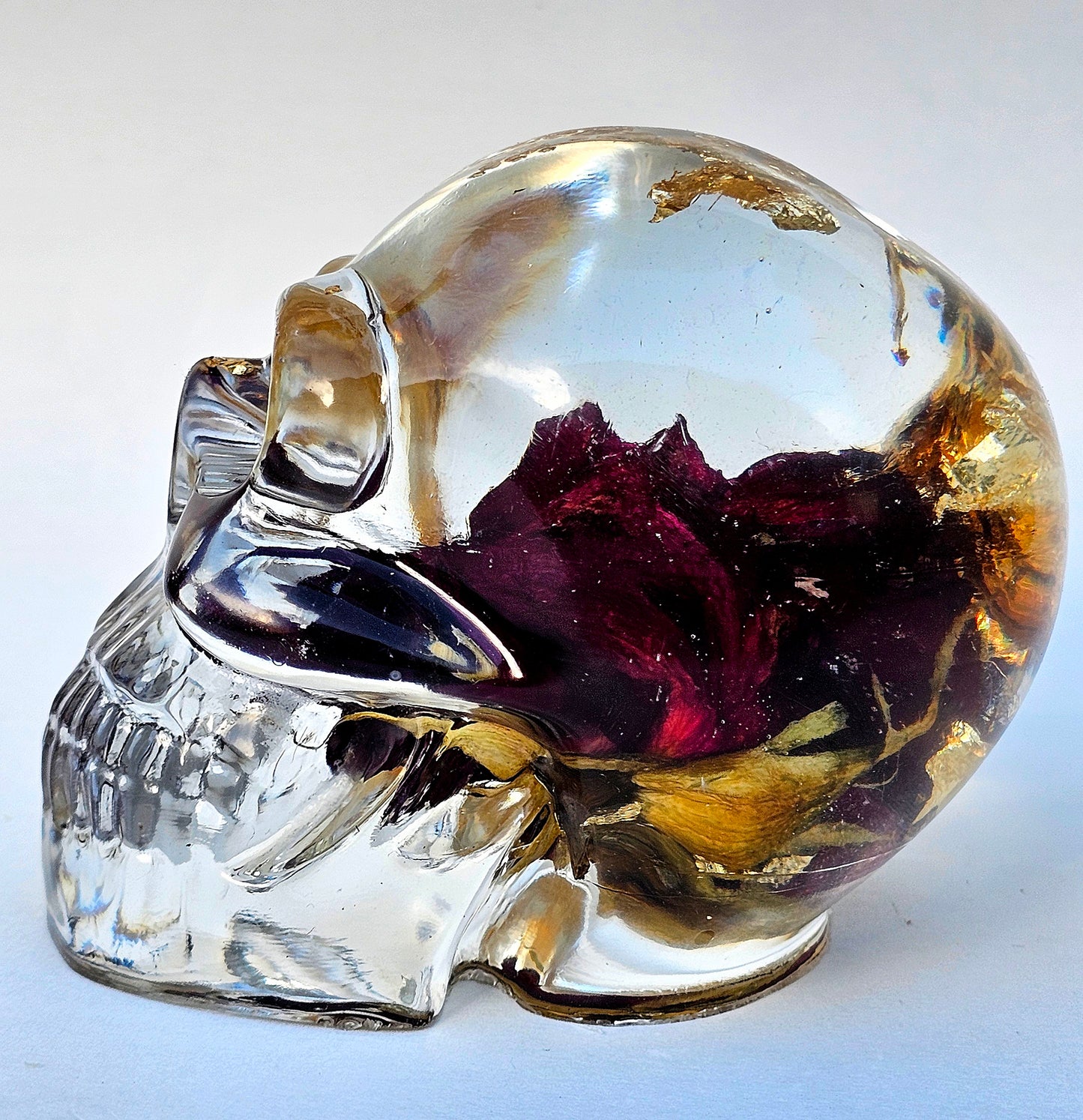 SOLD #0056 Handmade Resin Skull - Large Rose, with gold accents