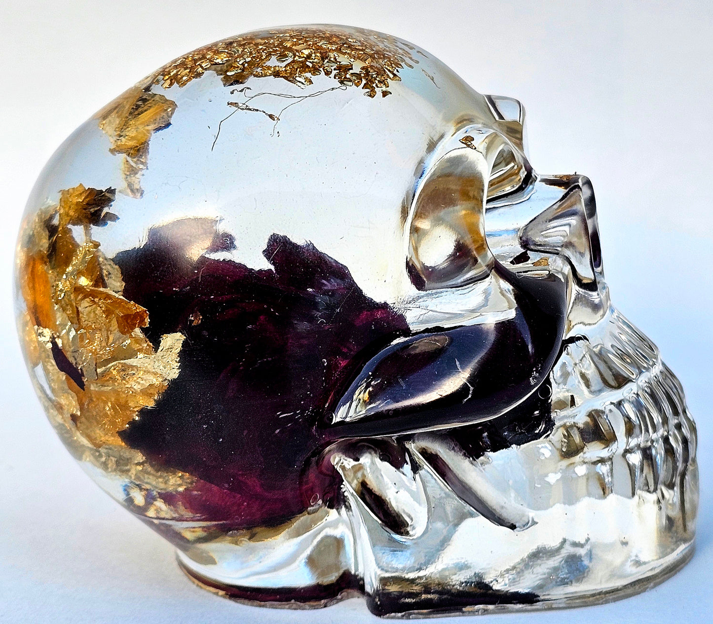 SOLD #0056 Handmade Resin Skull - Large Rose, with gold accents