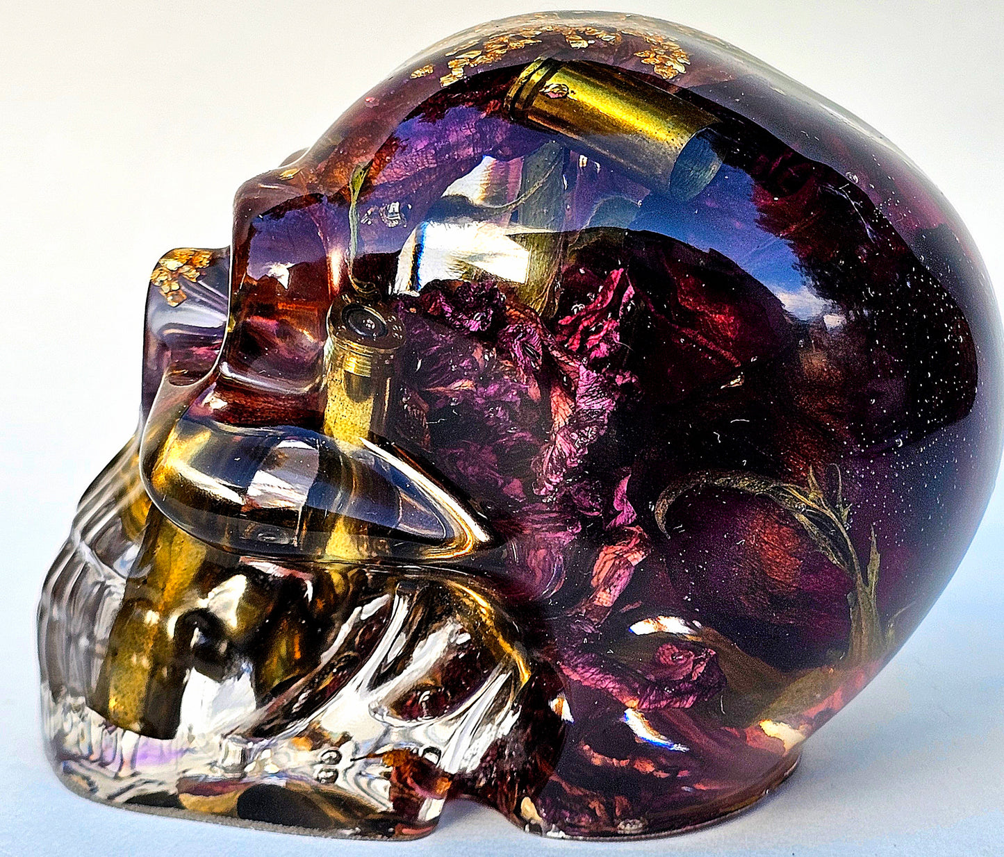 SOLD Handmade Resin Skull -  Large roses, and flowers shell casings in hand poured resin.