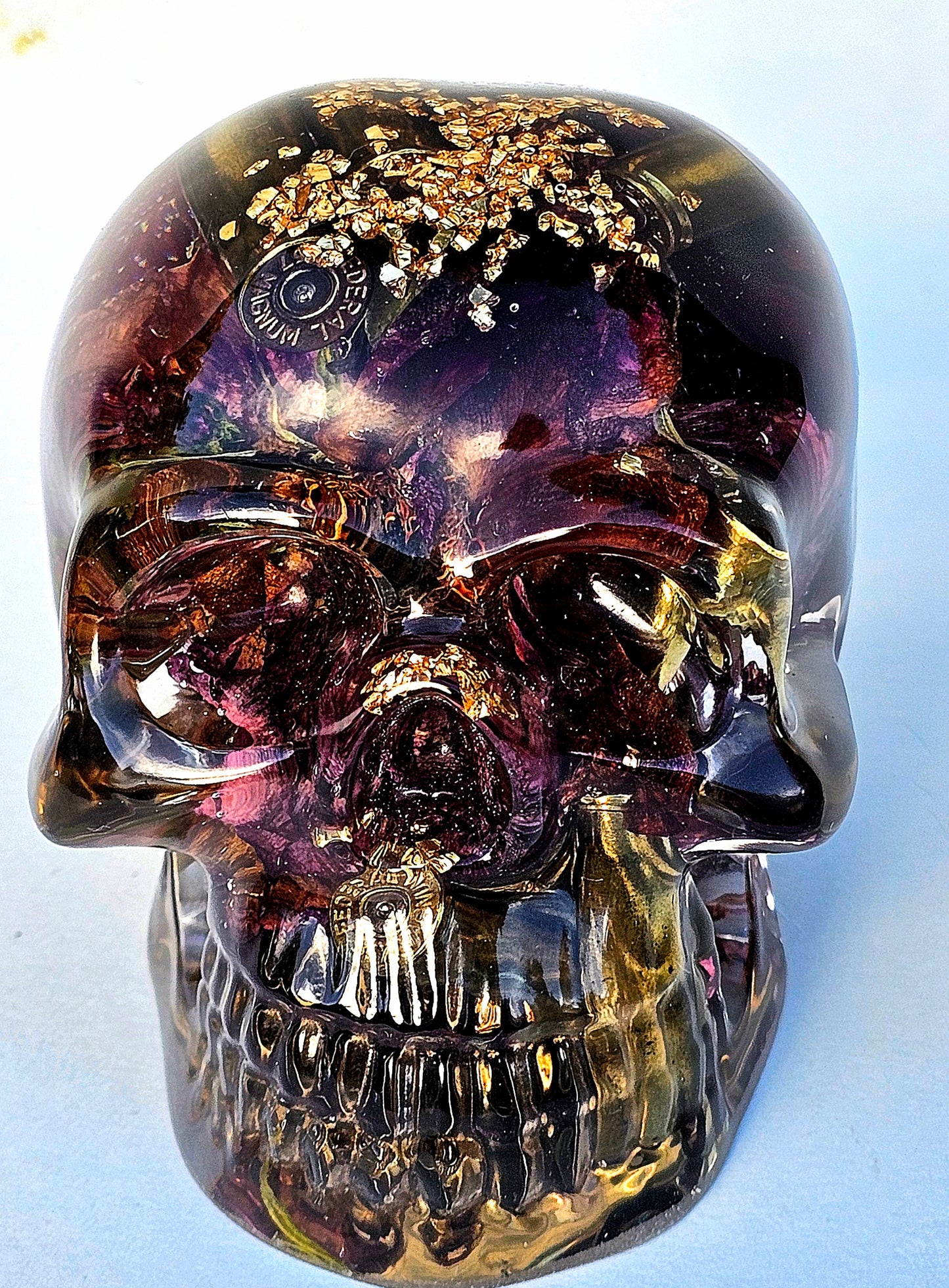SOLD Handmade Resin Skull -  Large roses, and flowers shell casings in hand poured resin.