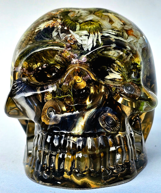 SOLD #0065 Handmade Resin Skull - Mixed Daisies, with brass shells