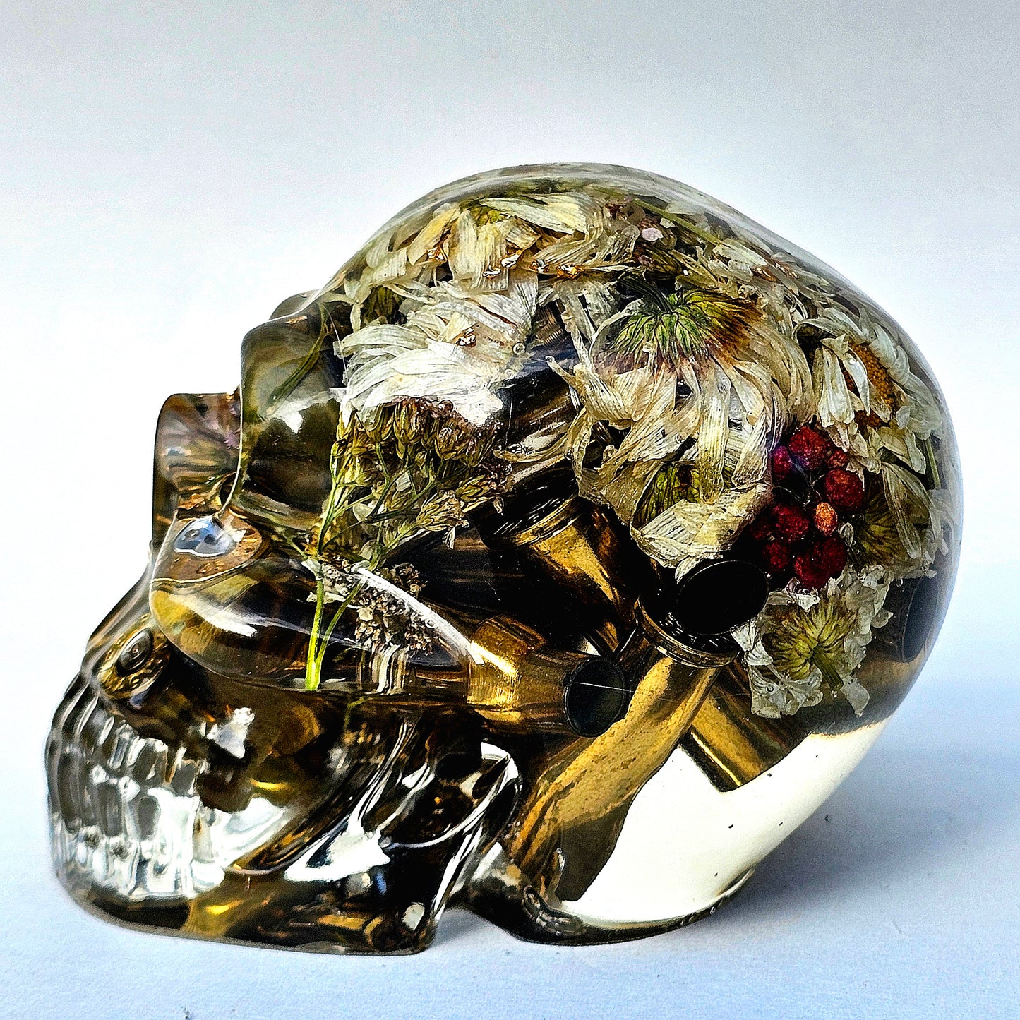 SOLD #0065 Handmade Resin Skull - Mixed Daisies, with brass shells