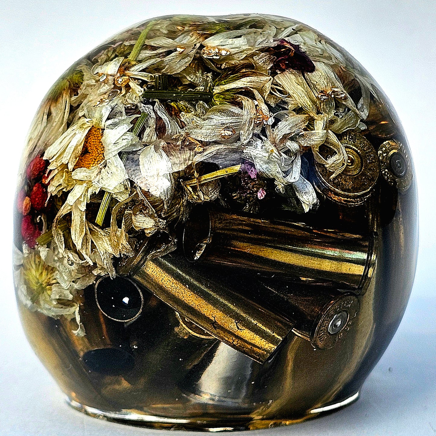 SOLD #0065 Handmade Resin Skull - Mixed Daisies, with brass shells