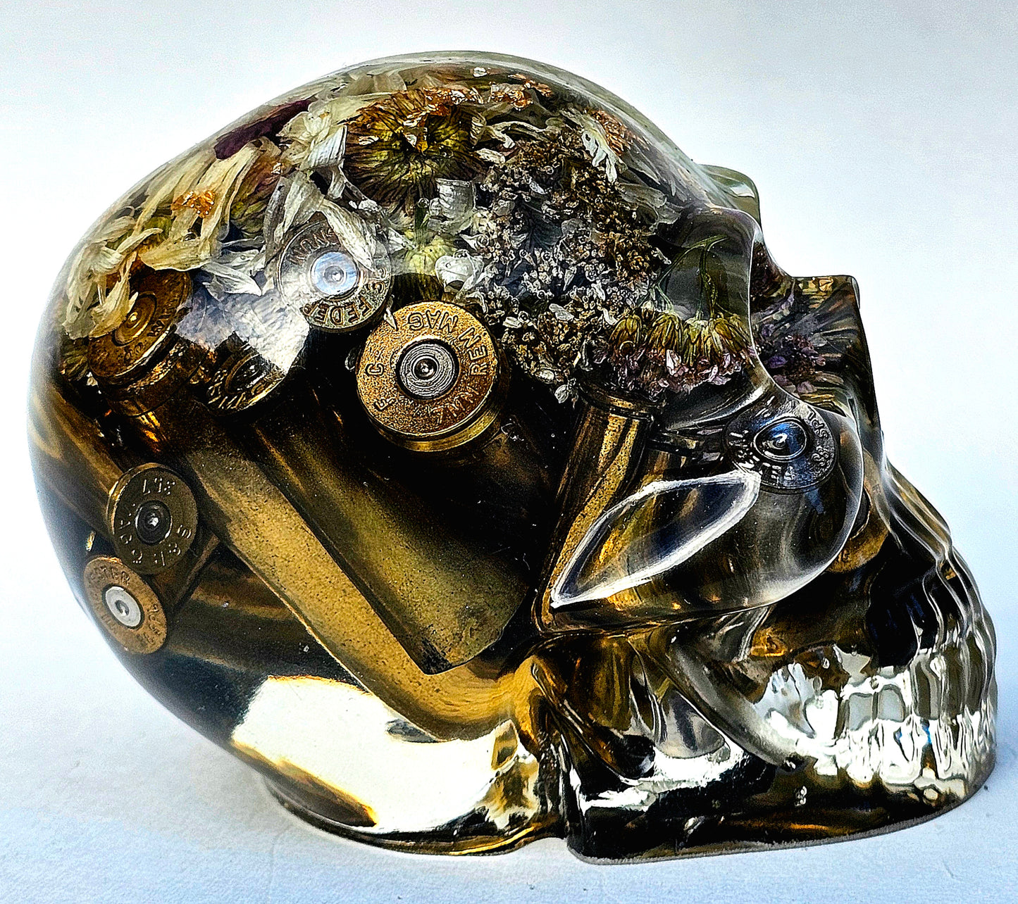 SOLD #0065 Handmade Resin Skull - Mixed Daisies, with brass shells