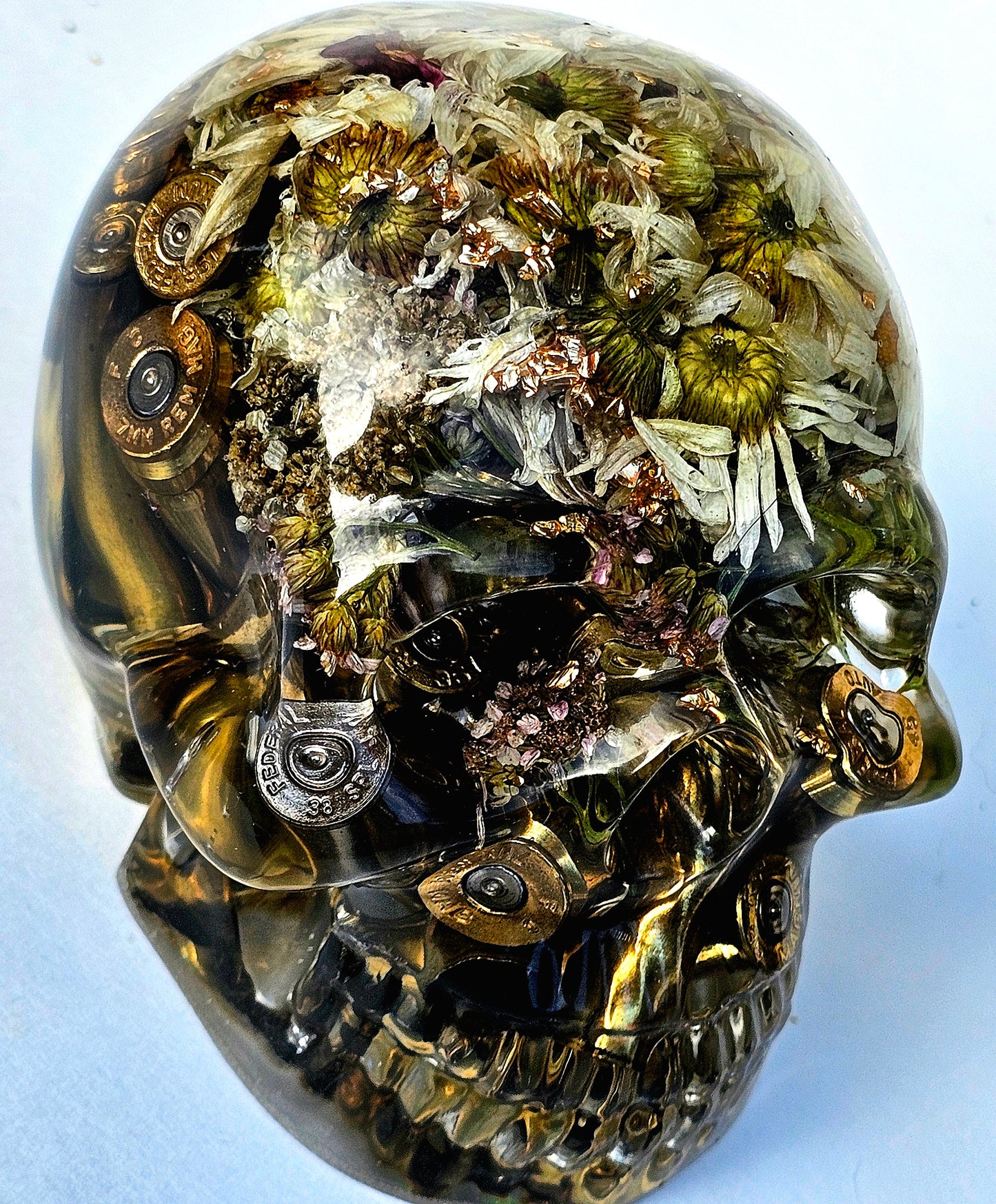 SOLD #0065 Handmade Resin Skull - Mixed Daisies, with brass shells
