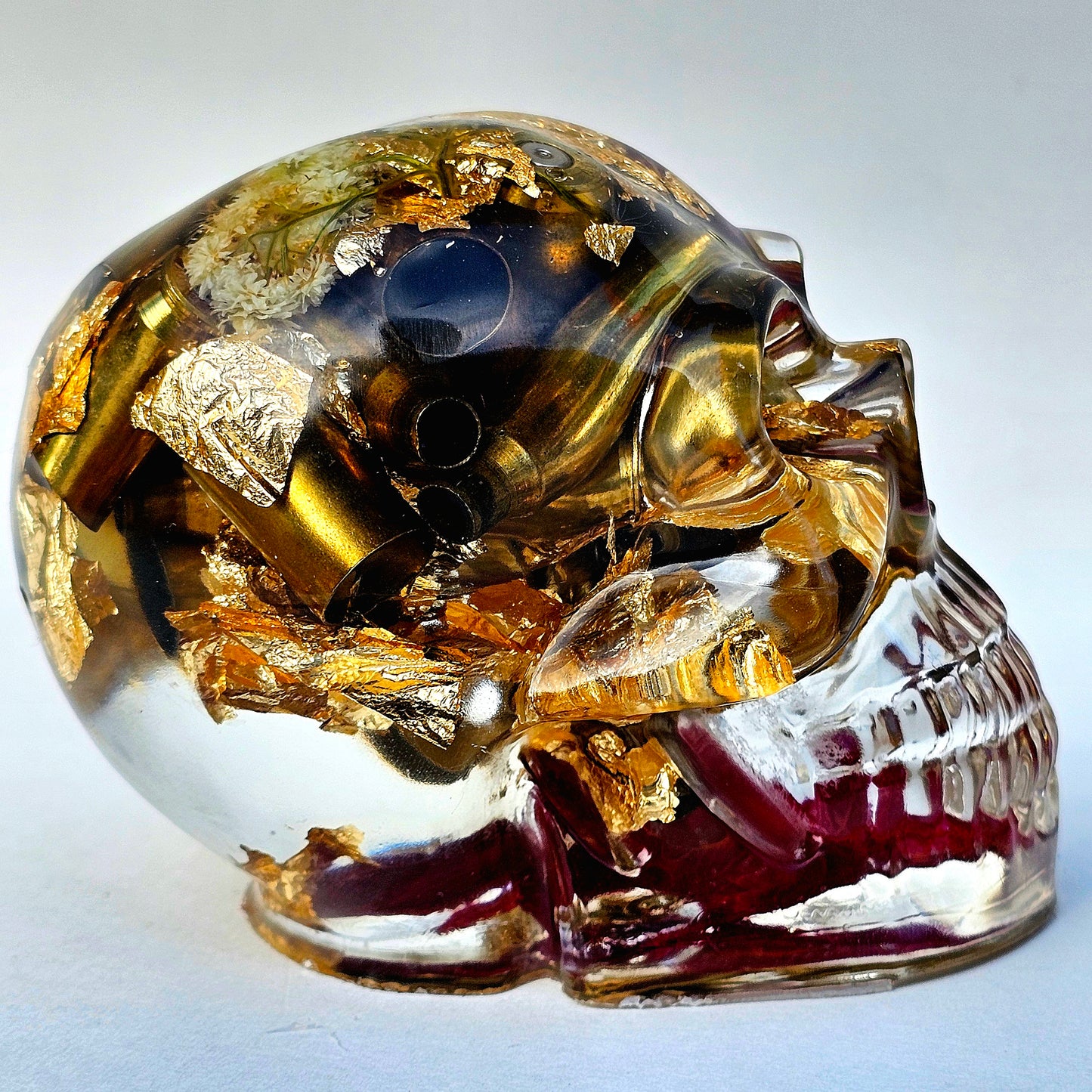 SOLD #0067 Handmade Resin Skull - Wild roses with brass shells