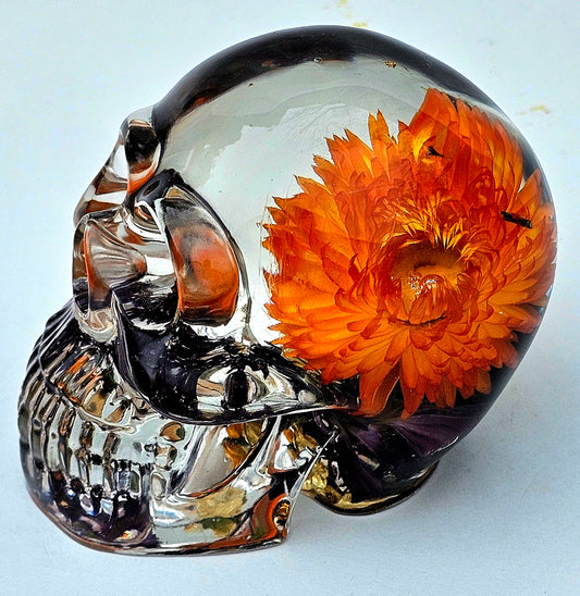 SOLD #0100 Handmade Resin Skull - Bright Orange flower in beautiful crystal clear pour