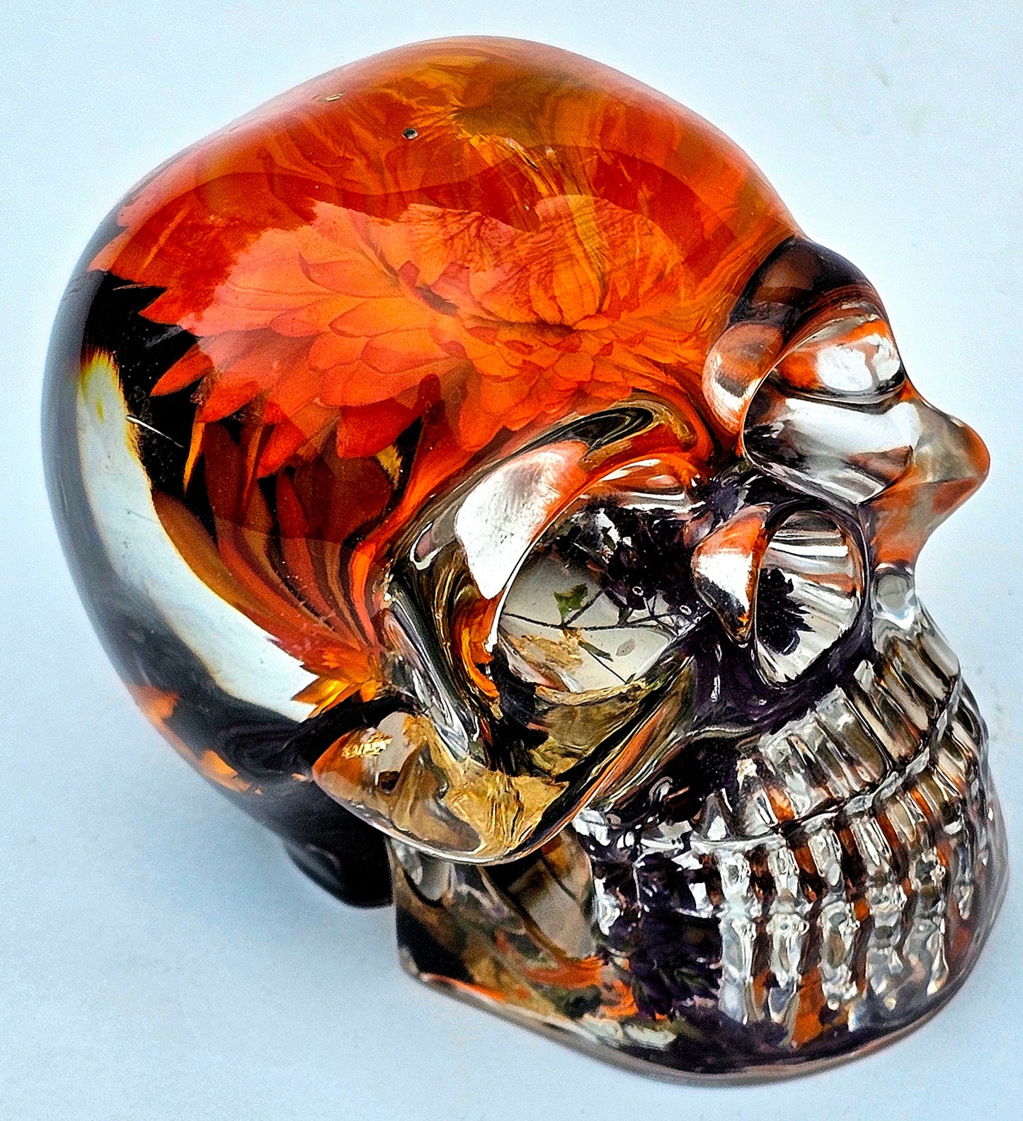 SOLD #0100 Handmade Resin Skull - Bright Orange flower in beautiful crystal clear pour