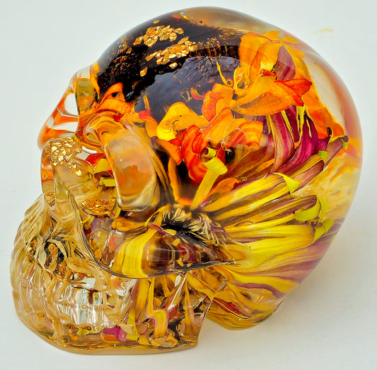 #0102 Handmade Resin Skull - Large Sunflowers with mixed white flowers
