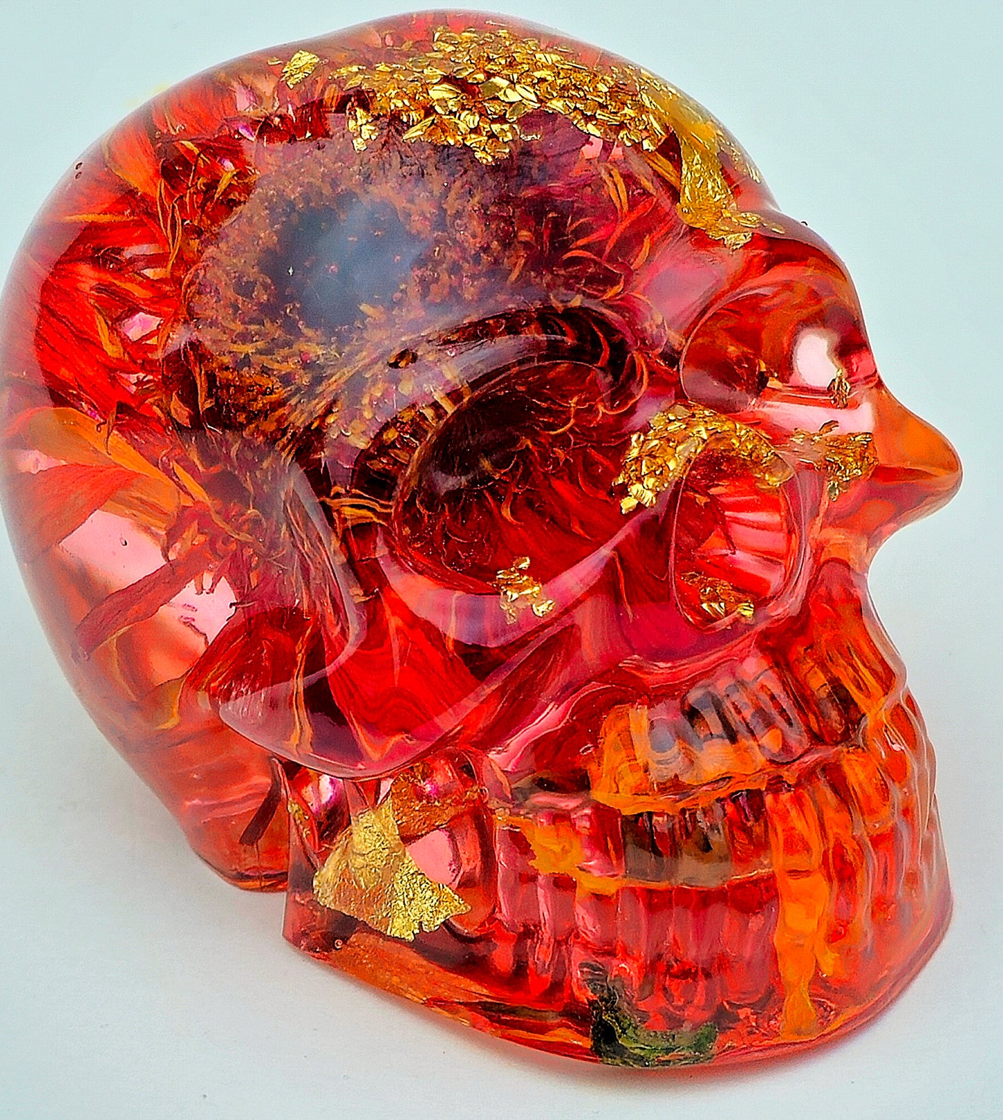 SOLD #0104 Handmade Resin Skull - Sunflowers w/flowers in red dye resin, plus gold flake accents