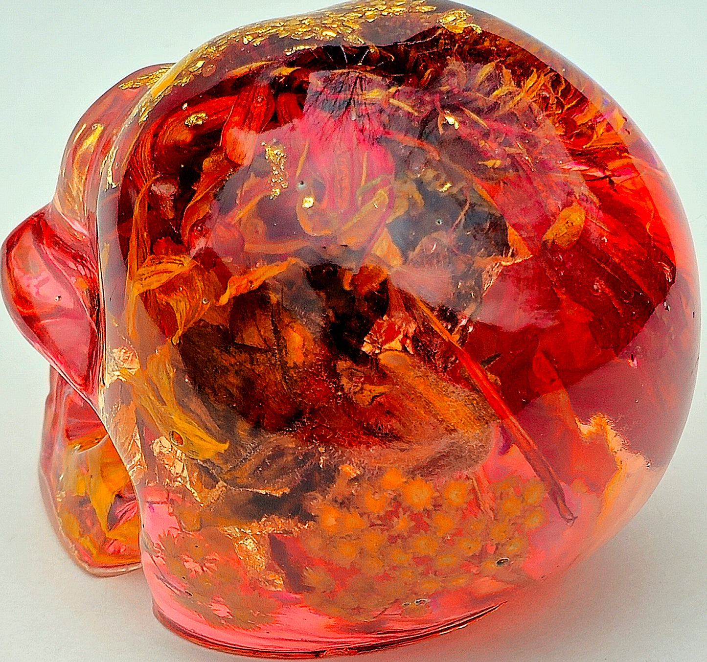 SOLD #0104 Handmade Resin Skull - Sunflowers w/flowers in red dye resin, plus gold flake accents