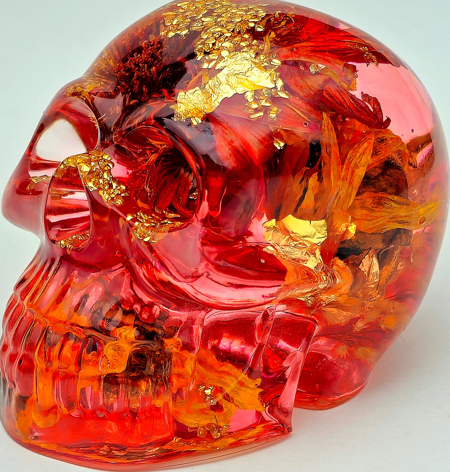 SOLD #0104 Handmade Resin Skull - Sunflowers w/flowers in red dye resin, plus gold flake accents