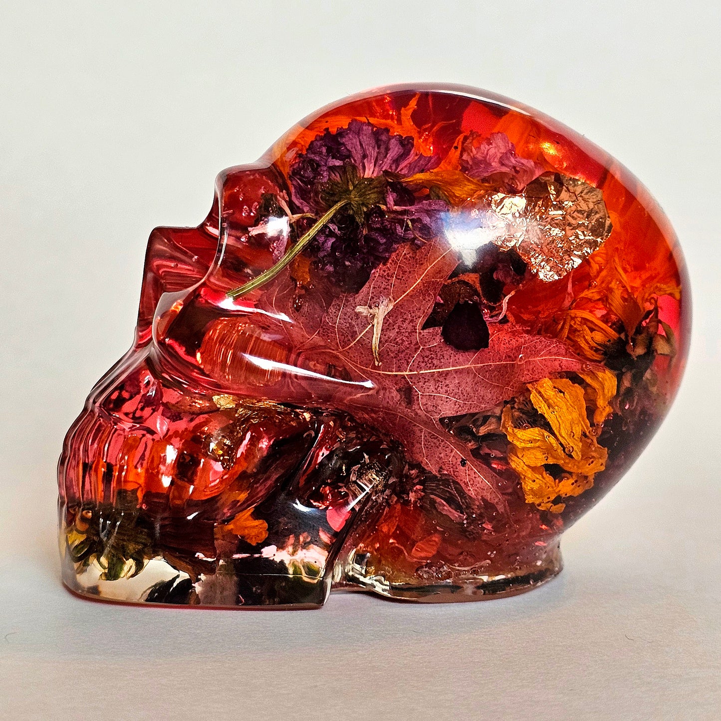 SOLD #0190 Handmade Resin Skull - Mixed wild flowers, with red dye
