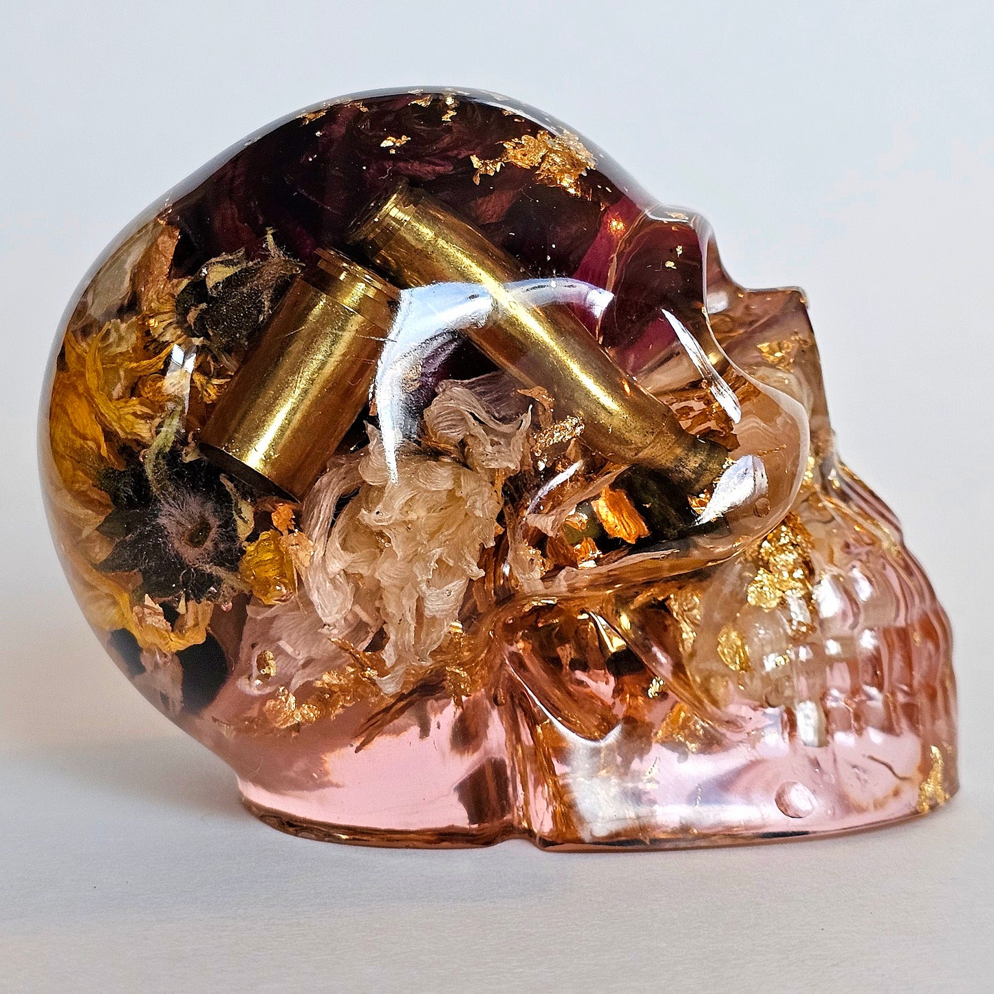 SOLD #0192 Handmade Resin Skull - Mixed wild flowers, and brass
