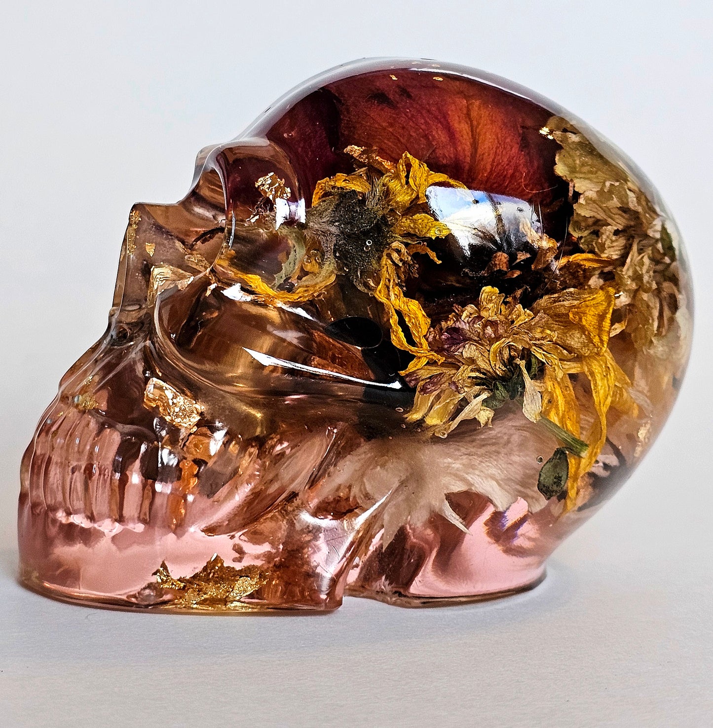 SOLD #0192 Handmade Resin Skull - Mixed wild flowers, and brass