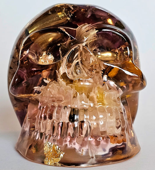 #0194 Handmade Resin Skull - Mixed wild flowers and brass