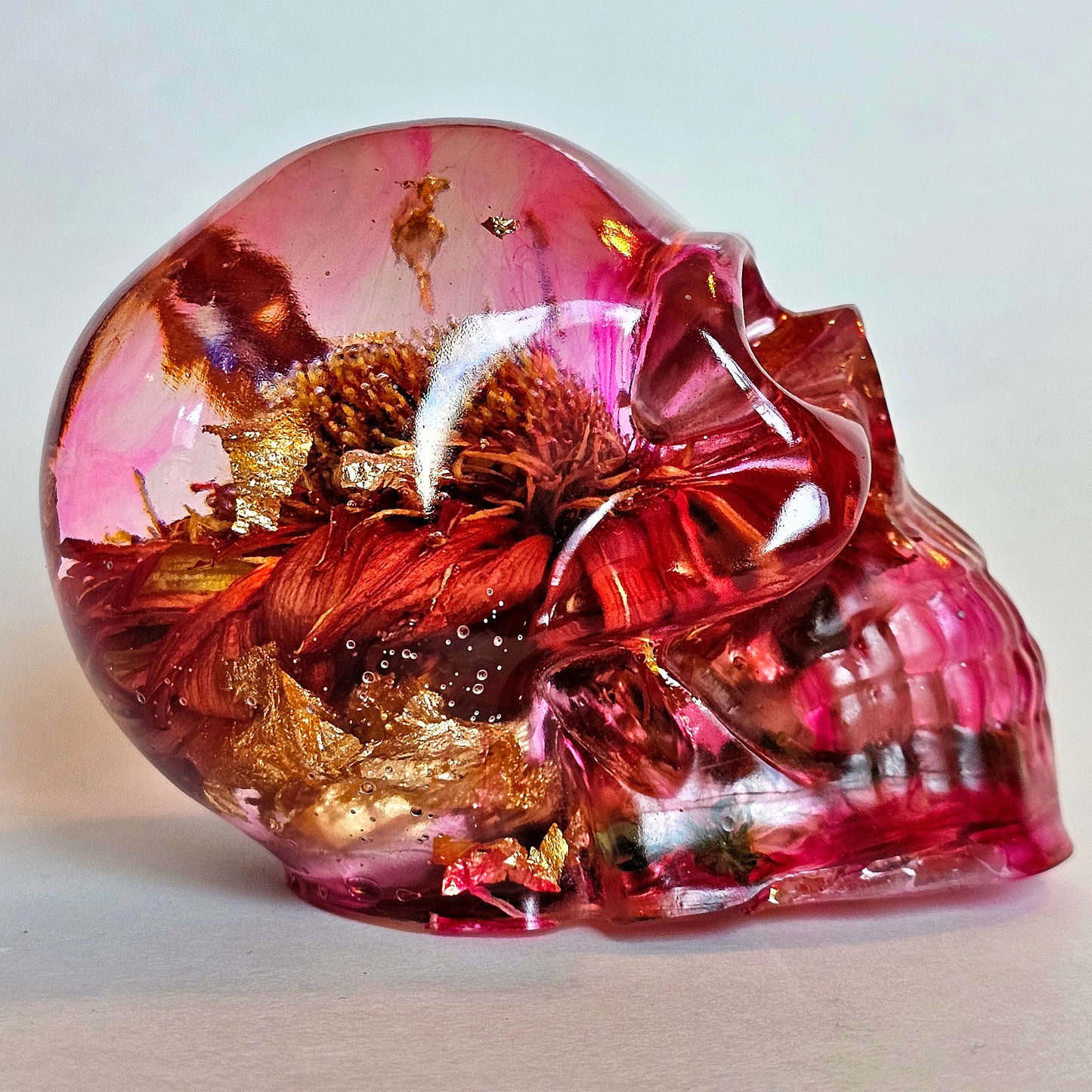 SOLD #0195 Handmade Resin Skull - Mixed wild flowers and brass