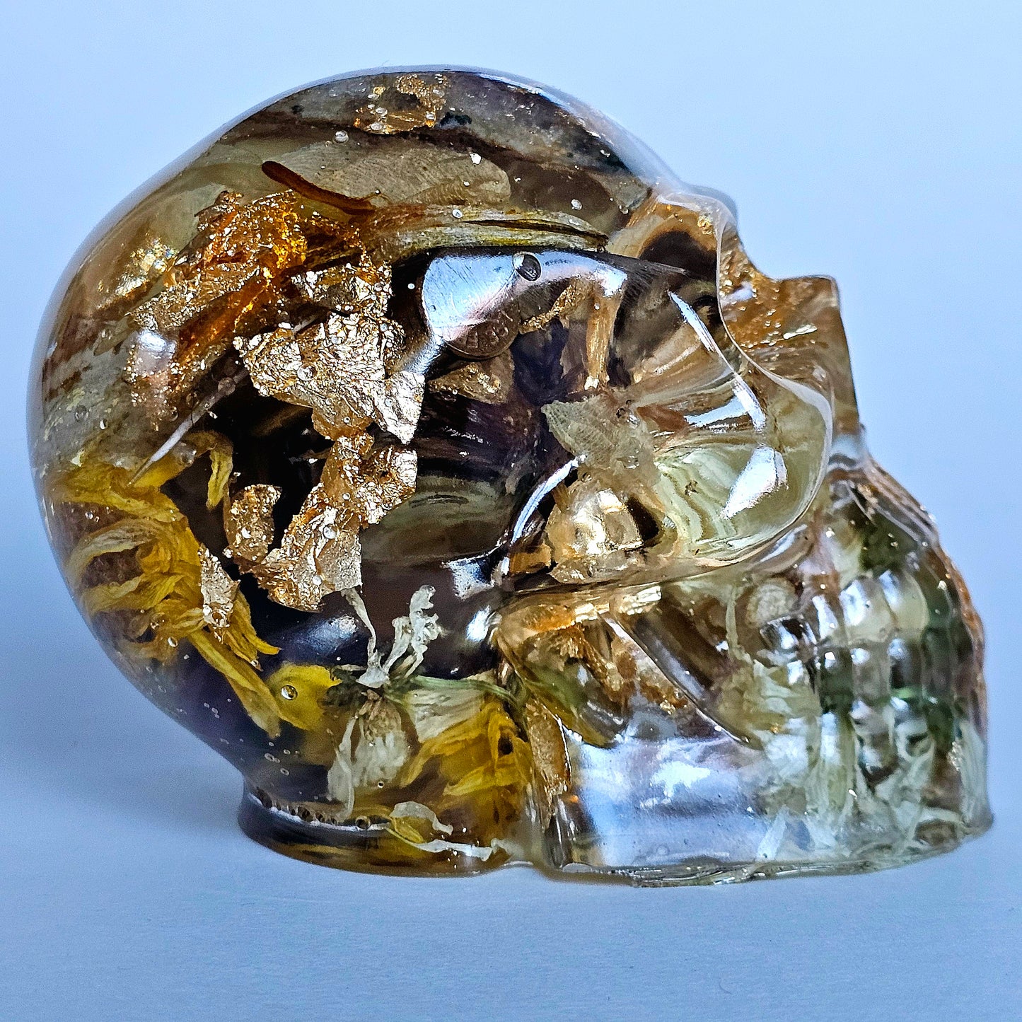 SOLD #0198 Handmade Resin Skull - Mixed wild flowers and brass