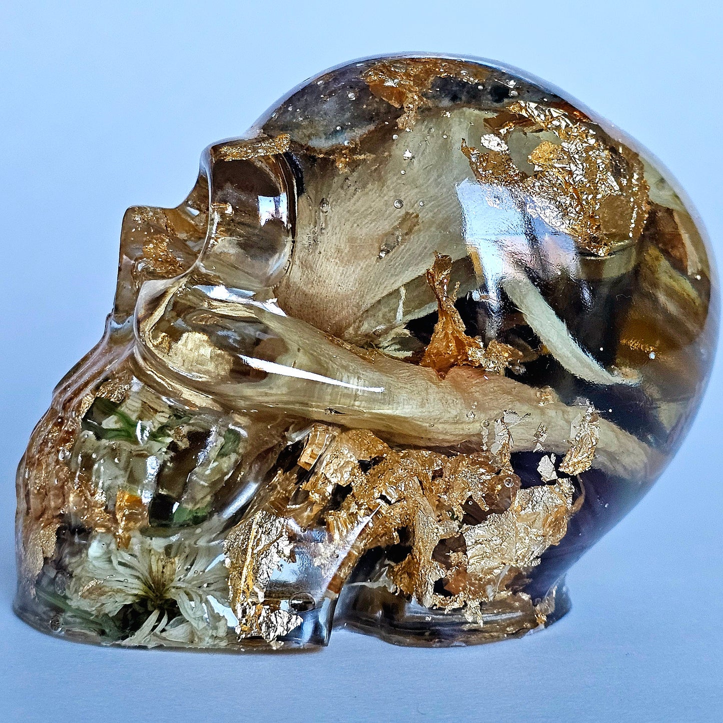 SOLD #0198 Handmade Resin Skull - Mixed wild flowers and brass