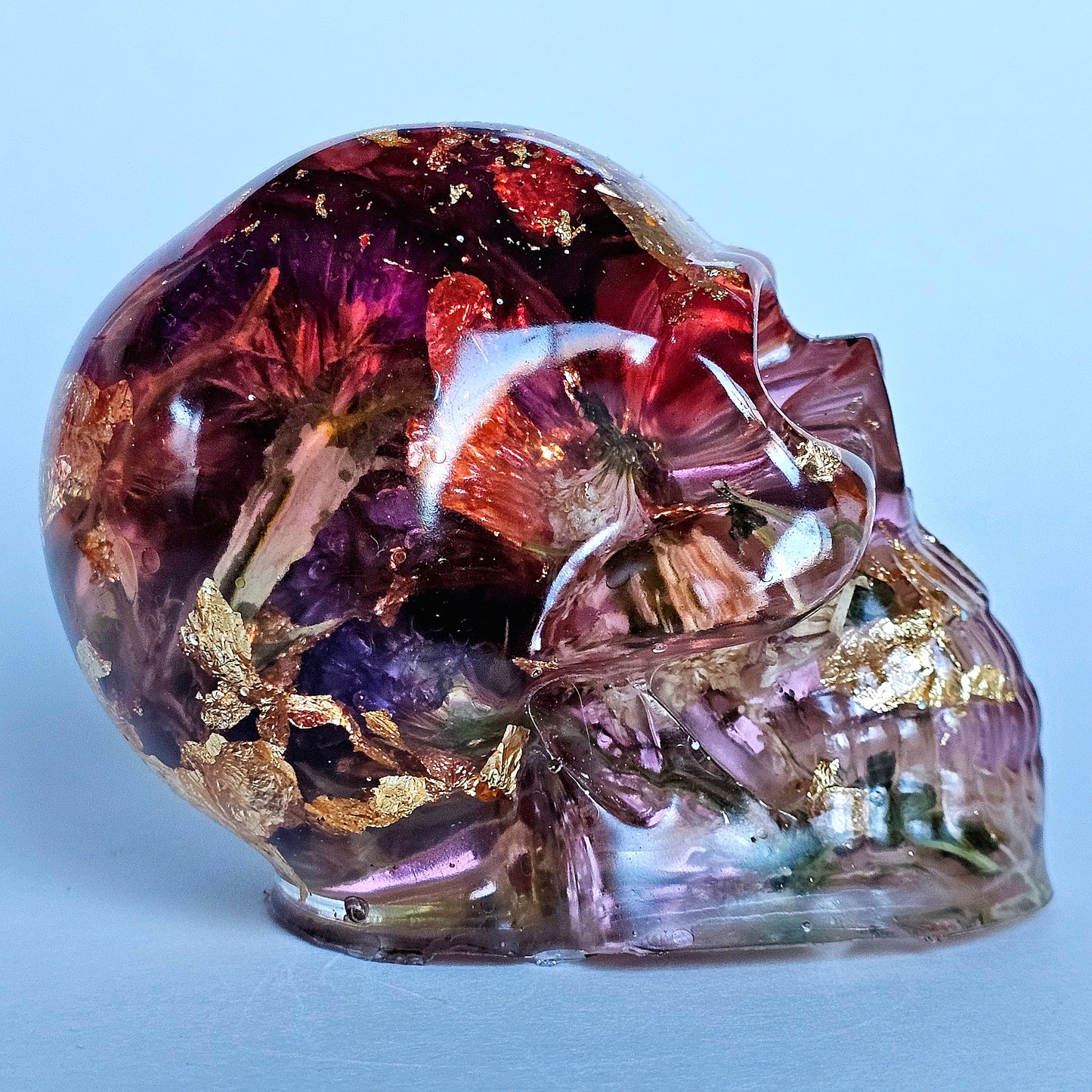 SOLD #0199 Handmade Resin Skull - Mixed wild flowers and brass