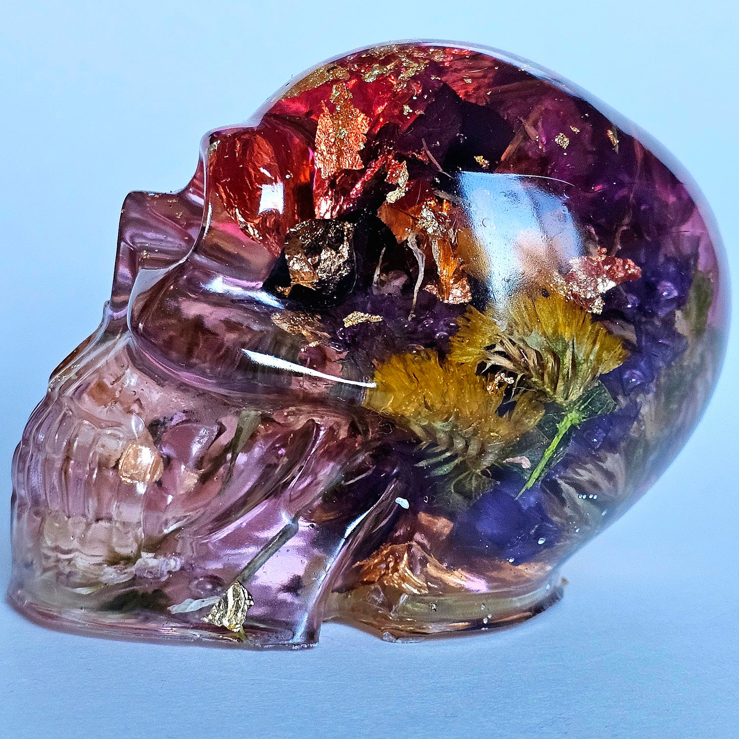 SOLD #0199 Handmade Resin Skull - Mixed wild flowers and brass