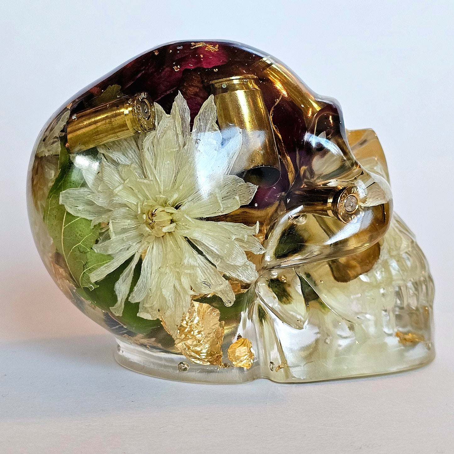 SOLD #0200 Handmade Resin Skull - Mixed wild flowers and brass
