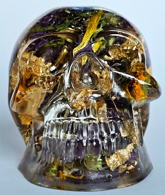 SOLD #0201 Handmade Resin Skull - Mixed wild flowers and brass