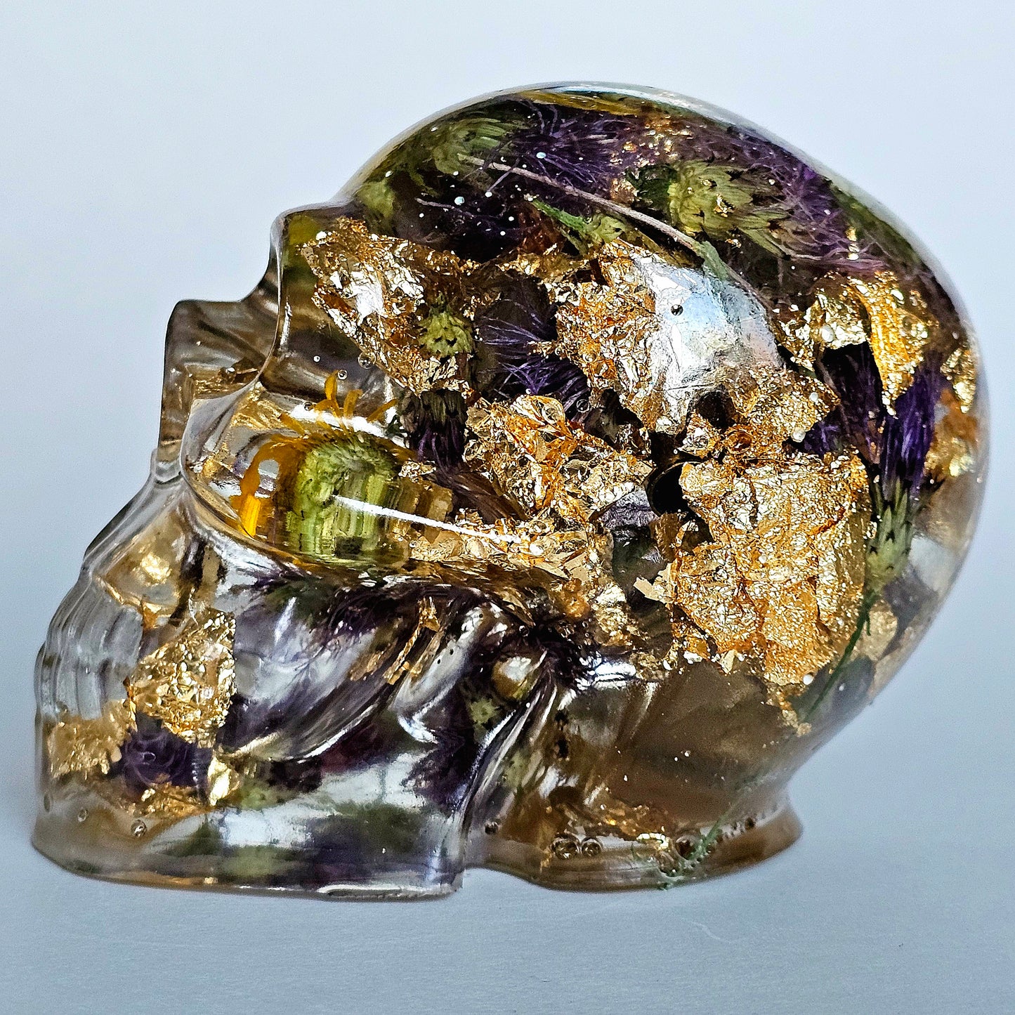 SOLD #0201 Handmade Resin Skull - Mixed wild flowers and brass