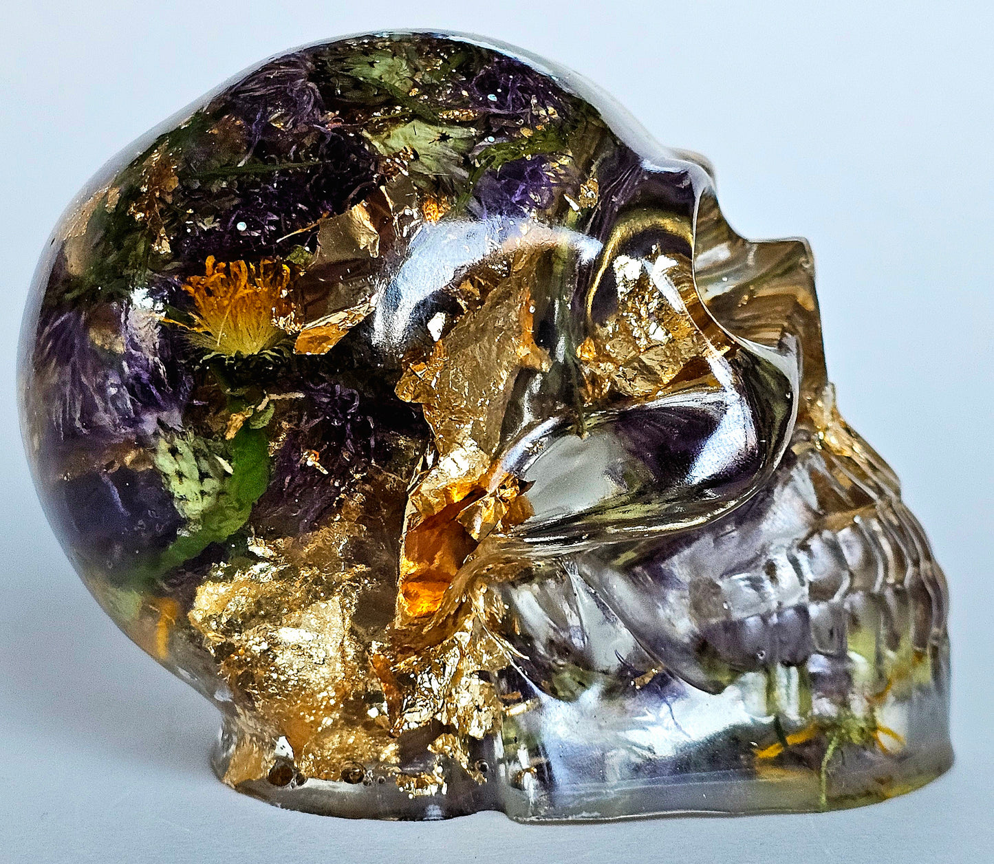 SOLD #0201 Handmade Resin Skull - Mixed wild flowers and brass